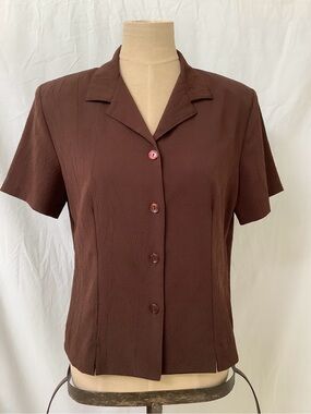 Briggs Blouse Shirt Top-Dark Brown-Crinkle Texture-Button Close-Short Sleeve-8P